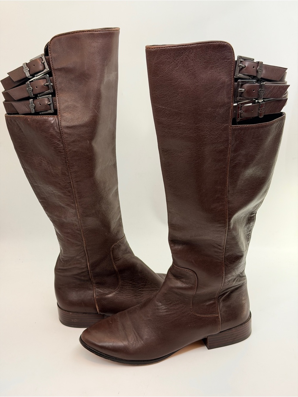 BCBGMaxAzria Dark Brown Over-the-Knee Leather Boots with Triple Buckles